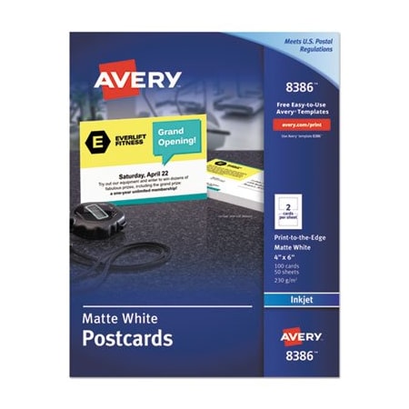 Avery Dennison Avery, Postcards, Inkjet, 4 X 6, 2 Cards/sheet, White, 100PK 8386